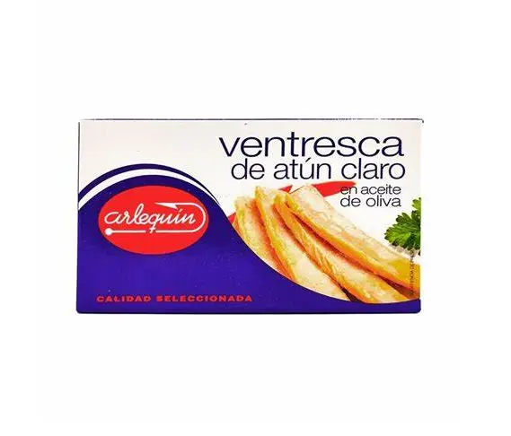 #VENTRESCA DE ATUN CLARO EN ACEITE DE OLIVA "ARLEQUIN" 120 GR. 